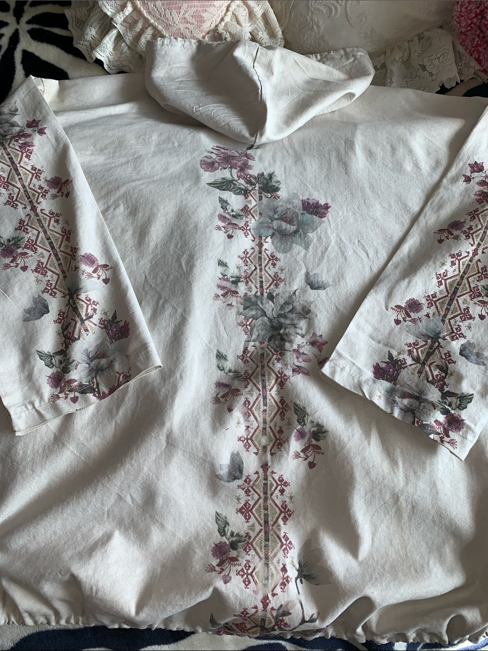 Vtg 90s Italian hooded floral cotton light jacket L - Picture 9 of 11